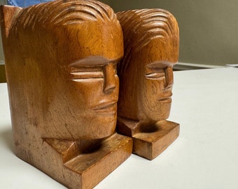 Vintage Tiki Head Wooden Bookends. Native American Indians Carved Faces Sculptures