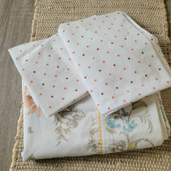 Vintage Full Size Flat Sheet Set.  Pillowcase Pair Retro Floral Polka Dots Mix and Match Set Orange, Brown Bedding Set Country Cottage Core