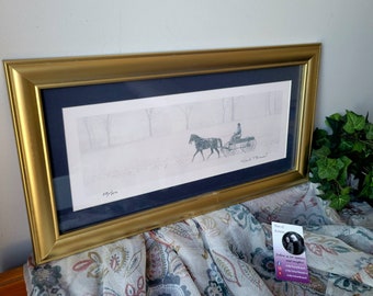 Vintage Winter Amish Photograph, Colorized Horse and Buggy in Snow in Gold Frame. Artist Dick Brown Signed and Numbered