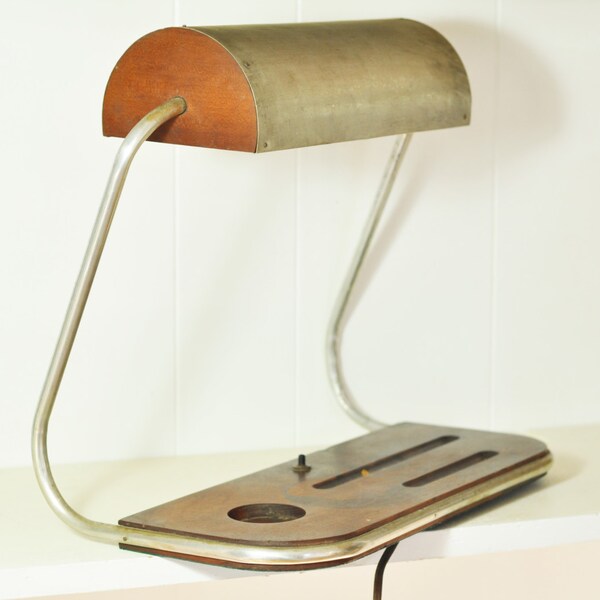 Antique Desk Lamp Industrial Minimalist Wood & Aluminum Two Bulb Adjustable Movable