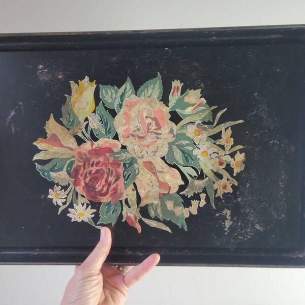 Vintage Tole Painted Black Tray. Shabby Chic Rectangular Floral Toleware Decorative Metal Serving Tray Kitchen Cottage Chic Decor