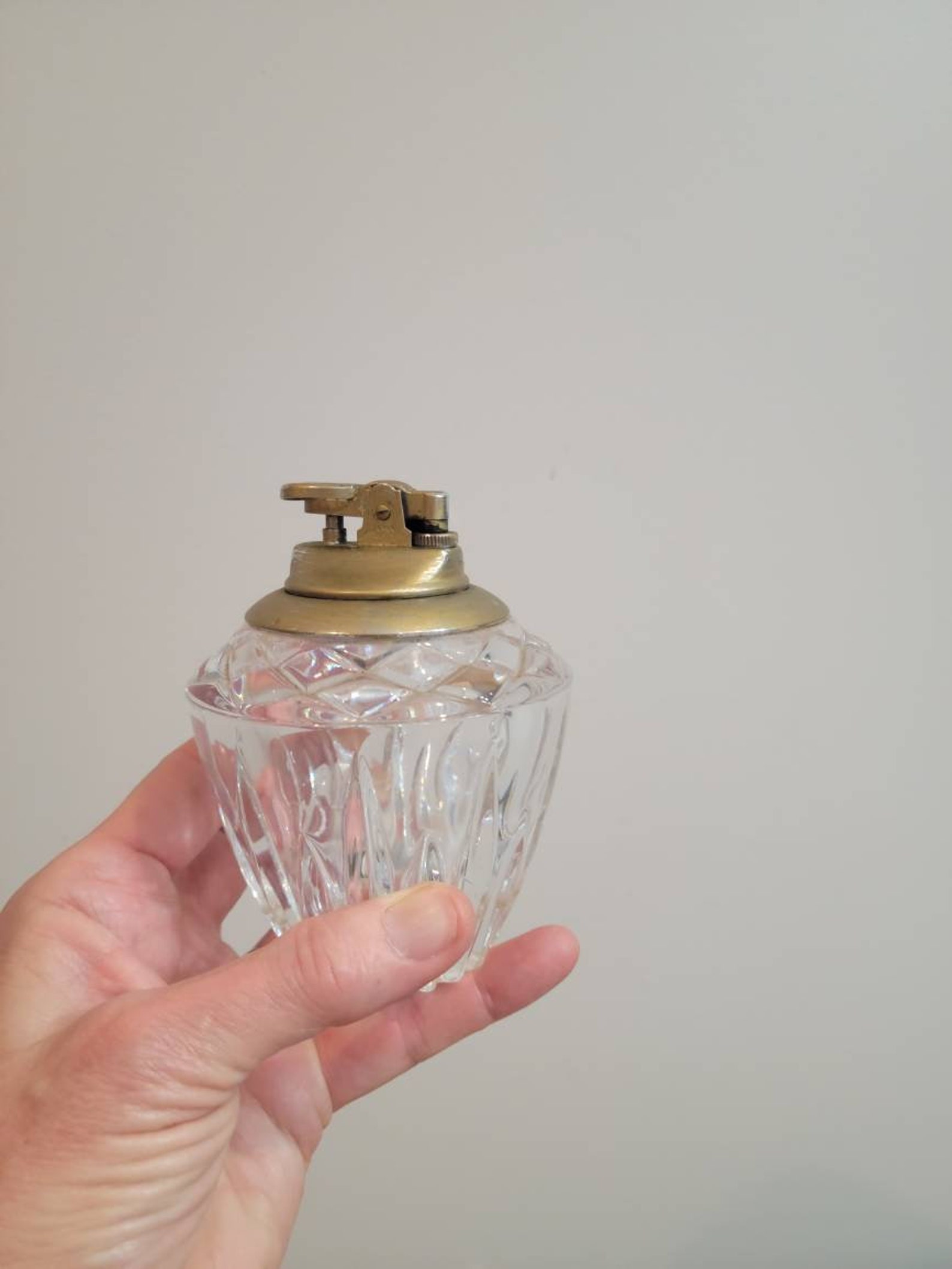 Vintage Table Lighter Cut Glass Brass Gold 1950's Etsy
