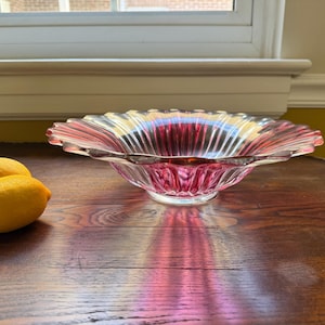 Vintage Federal Glass Serving Bowl. Celestial Starburt / Flower Bowl in Cranberry and Clear