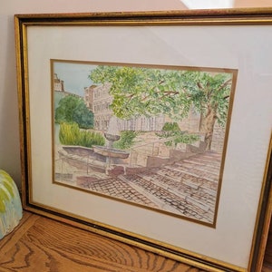 Vintage Framed Watercolor of Germany. Painting Waterfountain Townsquare German Architecture Historical European