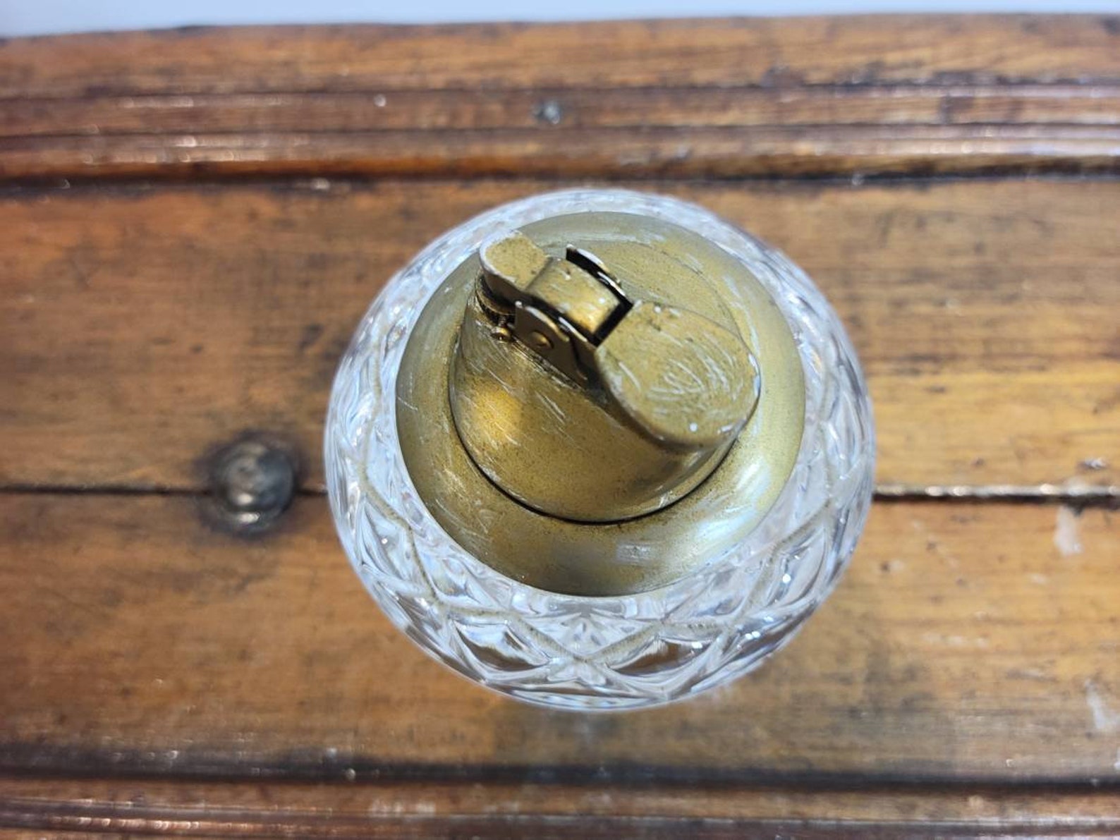 Vintage Table Lighter Cut Glass Brass Gold 1950's Etsy
