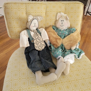 Vintage Handmade Cat Dolls. Soft Sculpture Mr. And Mrs. Boy Girl Stuffed Animal Cat Couple