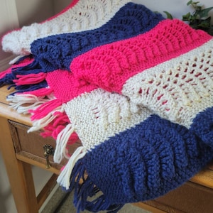 Vintage Knit Afghan Throw Blanket: Blue Stripe, Pink & Cream Fringe