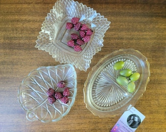 Antique Clear Glass Dish Set of 3. Small Vintage Leaf Shape Trinket Trays Collection