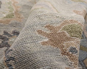Tappeto Oushak in lana annodato a mano – Design turco blu, grigio e verde