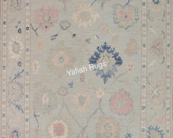 Pink Bright Modern Oushak Rug Blue Handwoven Wool Navy Area Rug 8x10