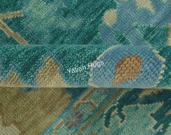 Hand Knotted Wool Area Rug, Teal Oushak Persian Style, Living Room Decor