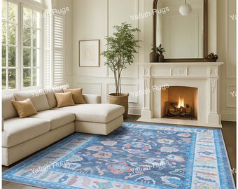 Hand-Knotted Wool Oushak Rug: Blue Beige Vintage Area Rug