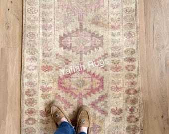 Handmade Oushak Wool Runner Rug: Pink & Beige Pastel Floral Carpet
