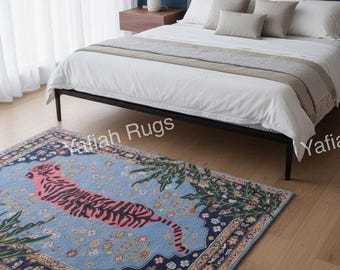 Hand-Tufted Wool Tiger Rug: Boho Red Animal Print Carpet