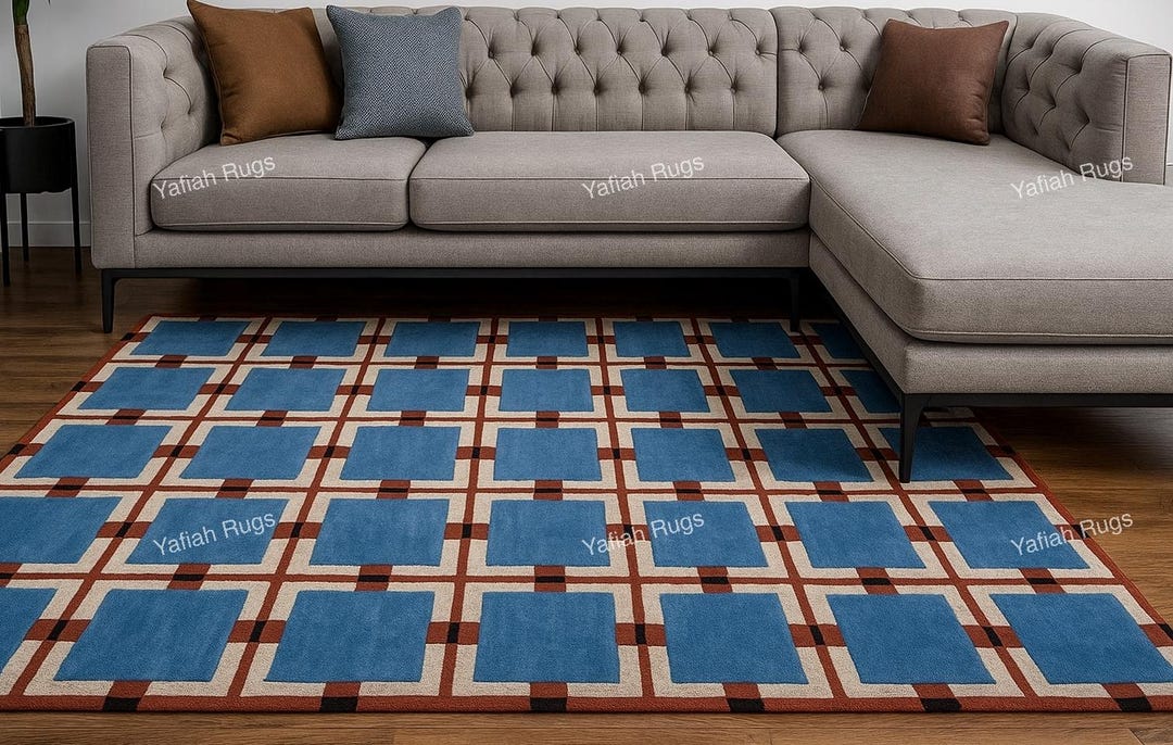 Hand-tufted Wool Area Rug: Modern Blue, White, Red Design - Etsy