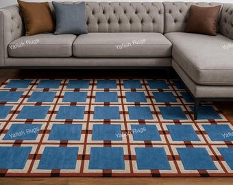 Hand-Tufted Wool Area Rug: Modern Blue, White, Red Design
