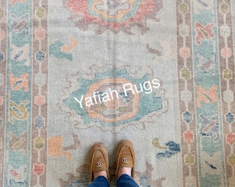 Hand Knotted Wool Oushak Rug, Vintage Style Floral Turkish Rug