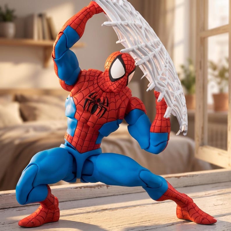 Puede incluir: Una figura de acci&oacute;n articulada de un personaje con traje rojo y azul y un emblema de ara&ntilde;a negro en el pecho. La figura est&aacute; en una pose din&aacute;mica agachada, sosteniendo un accesorio blanco con forma de telara&ntilde;a sobre su cabeza.