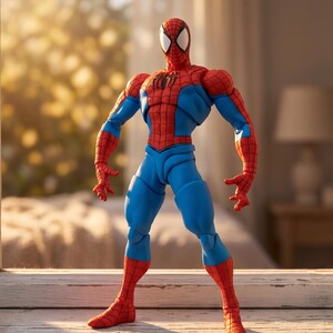Puede incluir: Una figura de acci&oacute;n articulada de un superh&eacute;roe con un traje rojo y azul que presenta un patr&oacute;n de telara&ntilde;a negra en las secciones rojas, un emblema de ara&ntilde;a negro en el pecho y grandes lentes oculares blancos en la m&aacute;scara, de pie.