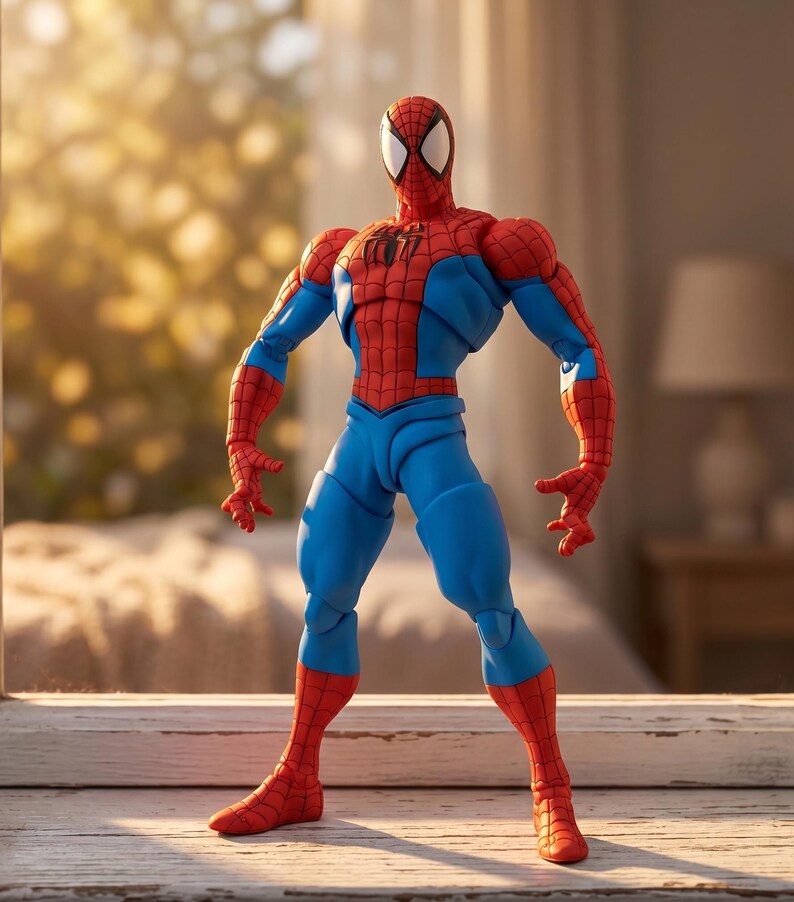 Puede incluir: Una figura de acci&oacute;n articulada de un superh&eacute;roe con un traje rojo y azul que presenta un patr&oacute;n de telara&ntilde;a negra en las secciones rojas, un emblema de ara&ntilde;a negro en el pecho y grandes lentes oculares blancos en la m&aacute;scara, de pie.