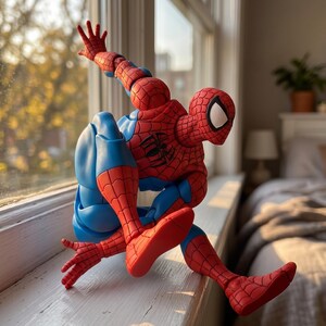 Puede incluir: Una figura de acci&oacute;n articulada del personaje Spider-Man, con un traje rojo y azul con un patr&oacute;n de telara&ntilde;a negro y un emblema de ara&ntilde;a negro en el pecho. La figura est&aacute; en una pose din&aacute;mica agachada con un brazo extendido hacia arriba.