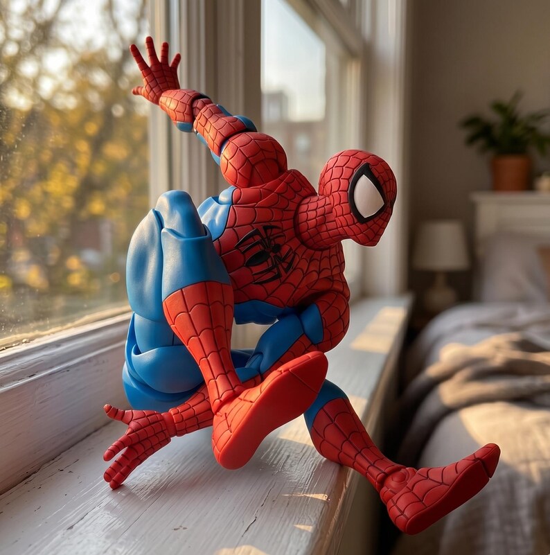 Puede incluir: Una figura de acci&oacute;n articulada del personaje Spider-Man, con un traje rojo y azul con un patr&oacute;n de telara&ntilde;a negro y un emblema de ara&ntilde;a negro en el pecho. La figura est&aacute; en una pose din&aacute;mica agachada con un brazo extendido hacia arriba.