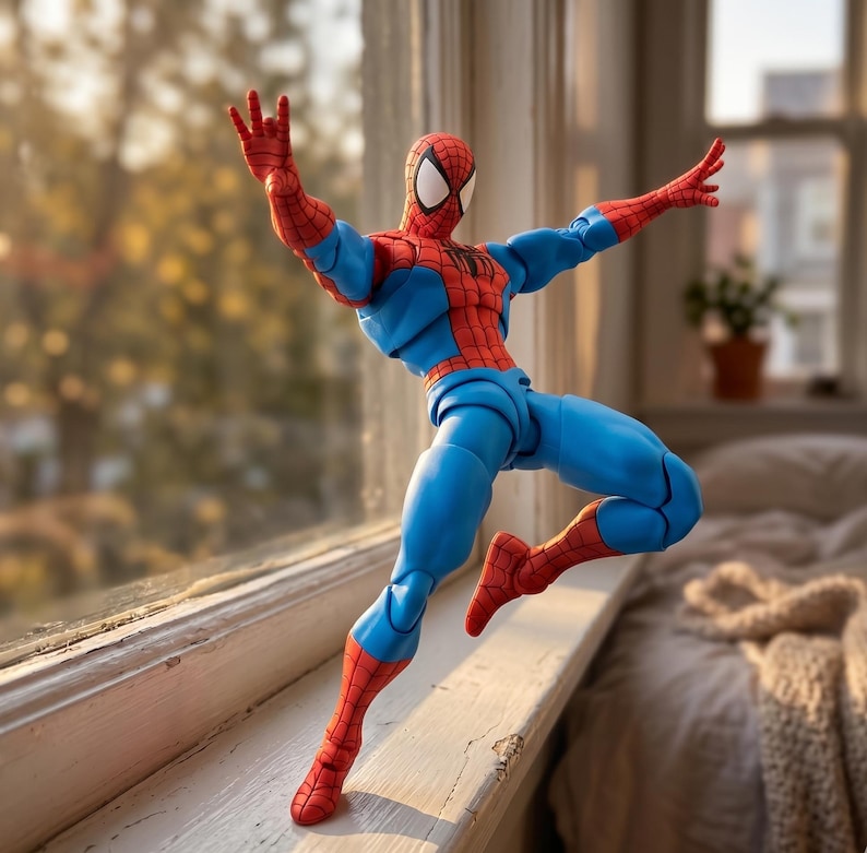 Puede incluir: Una figura de acci&oacute;n articulada del personaje Spider-Man, con un traje rojo y azul con un patr&oacute;n de telara&ntilde;a negra, un emblema de ara&ntilde;a negro en el pecho y grandes ojos blancos, capturada en una pose din&aacute;mica de salto con los brazos extendidos.