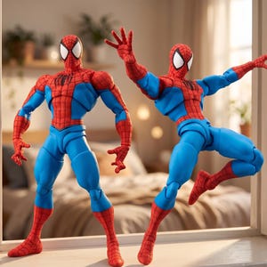 Puede incluir: Dos figuras de acci&oacute;n articuladas del personaje Spider-Man, con un traje rojo y azul, un emblema de ara&ntilde;a negro en el pecho y lentes oculares blancas. Una figura est&aacute; de pie, mientras que la otra se muestra en una pose din&aacute;mica de salto.