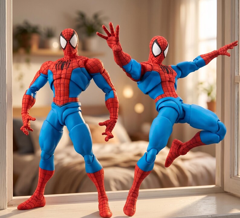 Puede incluir: Dos figuras de acci&oacute;n articuladas del personaje Spider-Man, con un traje rojo y azul, un emblema de ara&ntilde;a negro en el pecho y lentes oculares blancas. Una figura est&aacute; de pie, mientras que la otra se muestra en una pose din&aacute;mica de salto.