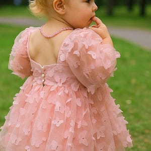 Vestido de tul con mariposas 3D: vestido de fiesta rosa o blanco con mangas abullonadas