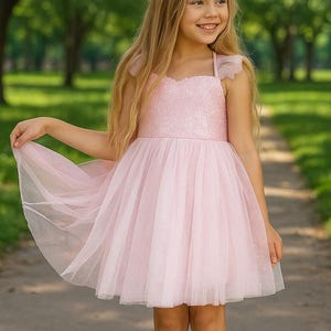 Pink Sequin Tulle Princess Dress for Girls – Sparkly Party Dress with Ruffle Sleeves