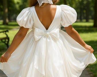 White Puff Sleeve Girls Dress – V-Back Tulle Dress with Bow, Organza Layered Skirt, Princess Birthday or Flower Girl Outfit
