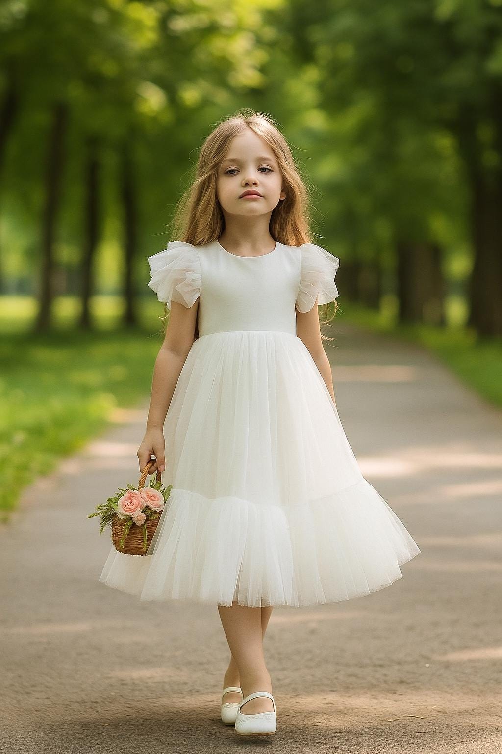 White Tulle Princess Dress for Girls – Puffy Short Sleeves, Mesh Overlay, Cotton & Polyester, Perfect for Flower Girl or Party