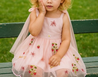 Sweet Strawberry Embroidered Tulle Dress – Pink Fairy Tale Style for Girls