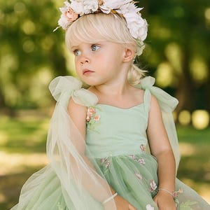 Sage Green Tulle Flower Girl Dress: Embroidered Fairy Party Dress