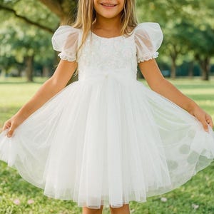 White Tulle Flower Girl Dress with Puff Sleeves | Toddler Birthday Dress | Elegant Embroidered Lace Dress for Girls