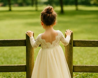 Princess Dress White Lace Long Sleeve for Girls, Flower Girl Wedding, Pleated Skirt Prom & Party Dress