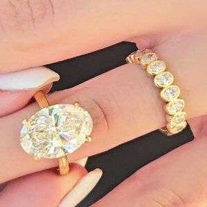 3CT Oval Moissanite Bridal Ring Set: Bezel Wedding Band 14K Yellow Gold