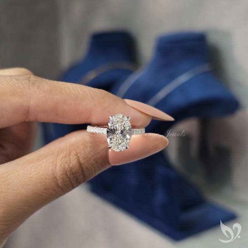 3CT Oval Lab Grown Diamond Cathedral Ring, Pave Band Ring, 18k White ...