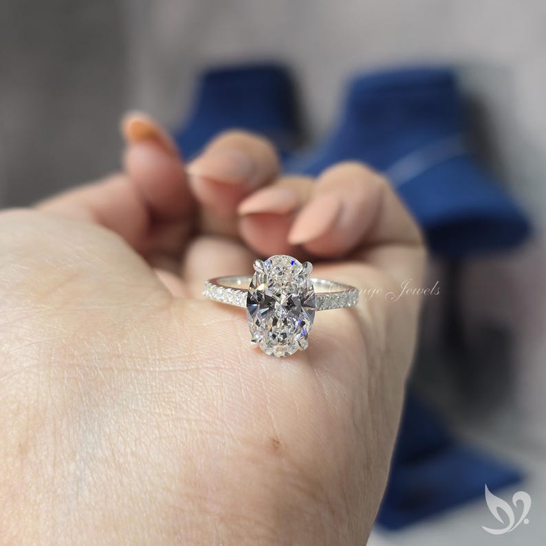 3CT Oval Lab Grown Diamond Cathedral Ring, Pave Band Ring, 18k White ...