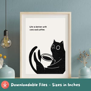 Black Cat Coffee Art Print: Minimalist Cozy Kitchen Decor (Digital Download A2-A5 Sizes)