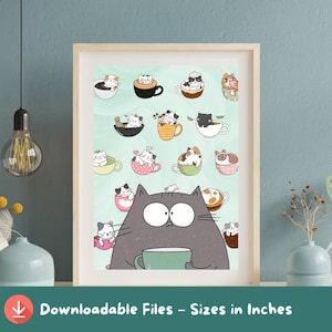 Kawaii Cat Coffee Cup Art Print: Whimsical Kitten Poster (Digital Download A2-A5 Sizes)