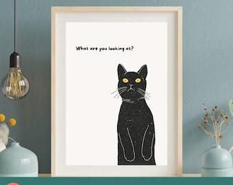 Funny Black Cat Art Print: Sassy Feline Poster (Digital Download A2-A5 Sizes)
