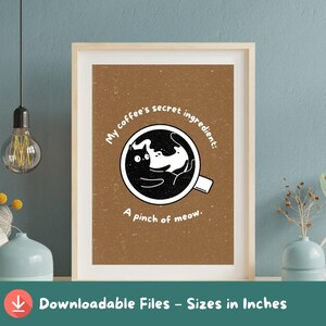 Whimsical Cat Coffee Art Print – Cat Coffee - Black Cat Mug Digital Poster – Funny Kawaii Kitchen Wall Decor – Cozy Cat Lover Gift Download