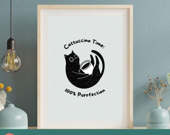 Cat Coffee Art Print: Quirky Kitchen Decor (Digital Download A2-A5 Sizes)