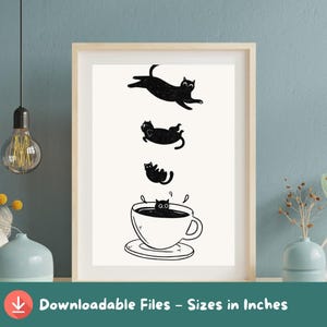 Falling Black Cat Coffee Art Print: Whimsical Cat Lover Decor (Digital Download A2-A5 Size)