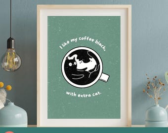 Funny Black Cat Coffee Art Print: Kawaii Cat Lover Gift (Digital Download A2-A5 Sizes)