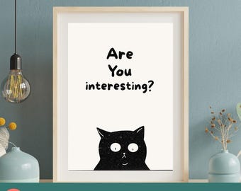 Funny Black Cat Art Print: Minimalist  (Digital Download A2-A5 Sizes)