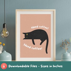Coffee Cat Print: Kawaii Black Cat Kitchen Decor (Digital Download, A2-A5 Sizes)
