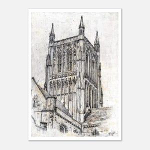 Worcester Cathedral Fine Line Art Print - Architectural Drawing - Black and White Wall Art - A4/A3/A2 Sizes - Historic Building Illustration